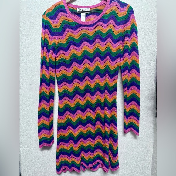 BB Dakota Sweaters - Vintage-Inspired Multicolor Zigzag Knit Pink Green Purple Orange sweater dress